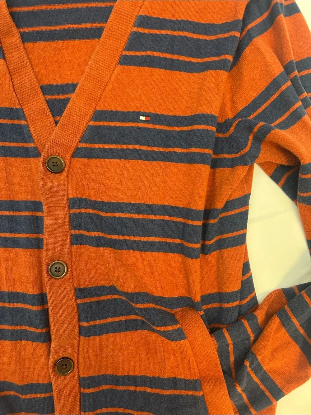 Tommy Hilfiger Men's Rust and Navy Striped V-Neck Cardigan